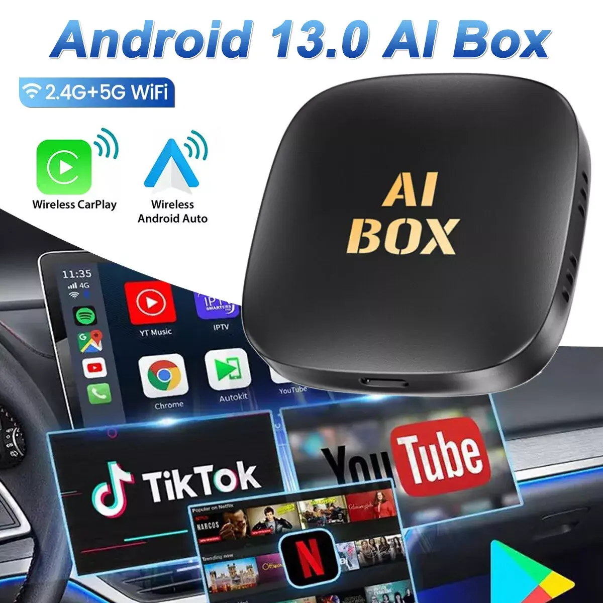Wireless CarPlay AI box Android Auto Adapter Converter w/ Netflix YouTube WIFI Bluetooth Screen Mirroring Plug & Play