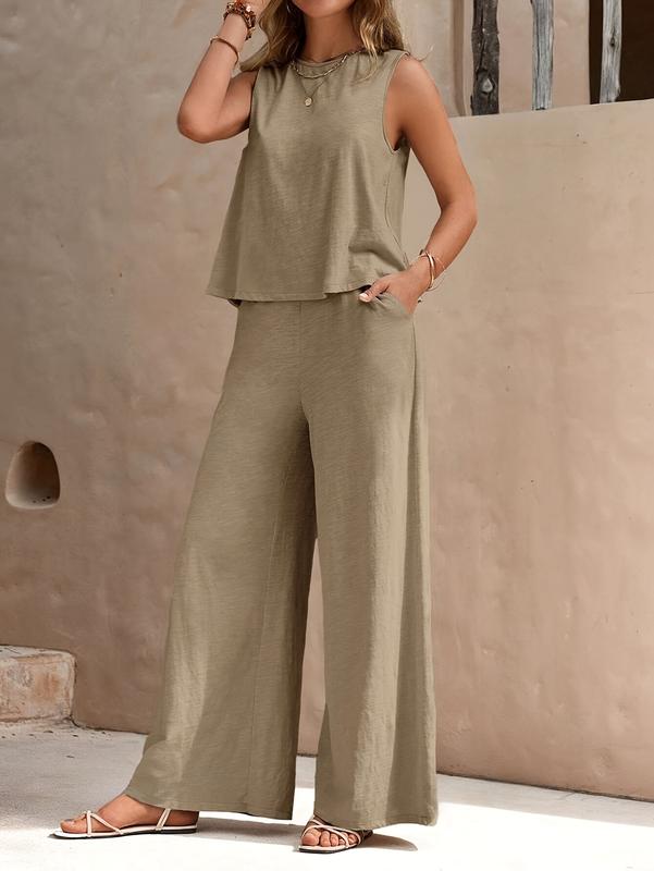 Solid Elegant Two-piece Set, Sleeveless Tank Top & Wide Leg Loose Pants Outfits, Women's Clothing 6