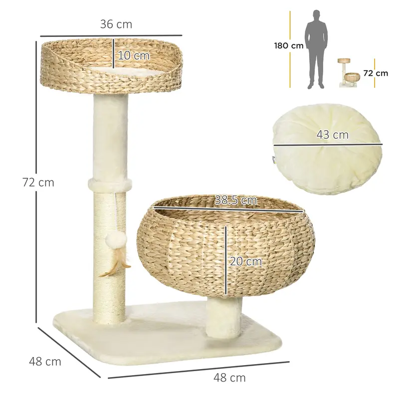 PawHut 72cm Cat Tree Kitten Tower, with Sisal Scratching Post, Two Beds, Toy Ball 2