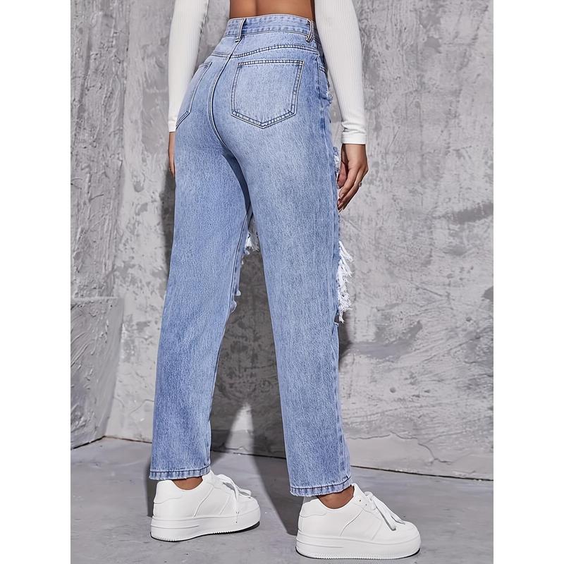 American Retro Hole-punched Jeans Women   Straight-crotch Loose Slim Design High-street Vibe Wide-legged Dragging Pants Womenswear Bottom Trouser Denim Streetwear Comfort Basic Blue Minimalist 1