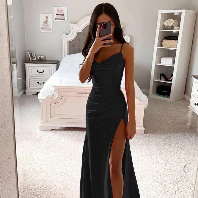 Product Introduction of Summer Women's Sexy Vintage Tulle Long Dress  Spaghetti Strap Satin Pleated Low-cut V Neck High Split dress Party Gown Ball 21