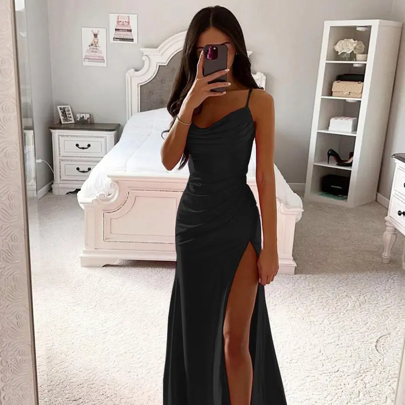 Summer Women's Sexy Vintage Tulle Long Dress  Spaghetti Strap Satin Pleated Low-cut V Neck High Split dress Party Gown Ball 5