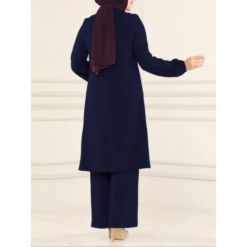 Women's Plain Contrast Sequin Bishop Sleeve Round Neck Top & Wide Leg Pants Islamic Set, Casual Long Sleeve Top & Trousers for Daily Wear, Ladies Islamic Clothing for All Seasons,abaya for women 3