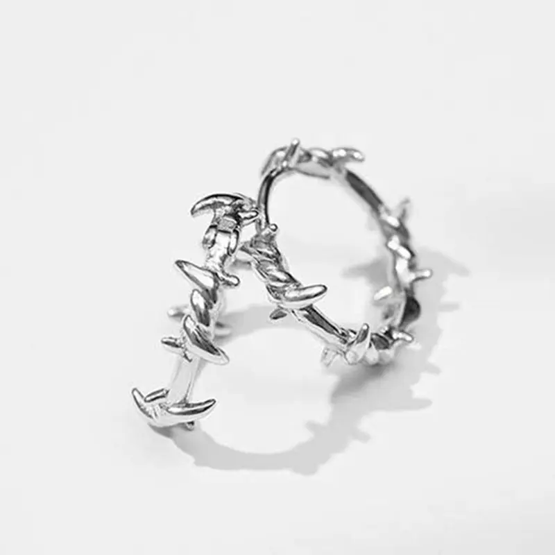 925 Sterling Silver Barb Wire Hoop Sleeper Earrings with Twisted Thorn Branch Design 0