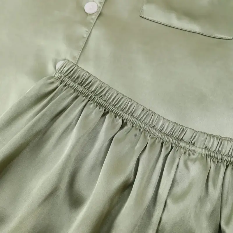 PLT Sage Green Satin Long Sleeve Shirt And Short PJ Set for Women 2