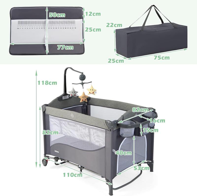 COSTWAY 5 in 1 Travel Cot, Foldable Baby Bedside Sleeper with Diaper Changer, Mattress, Carry Bag, Music Box and Hanging Toys, Portable Playard for Newborn Toddlers 4