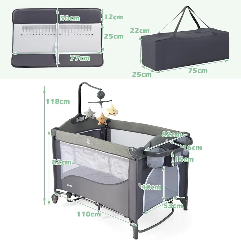 COSTWAY 5 in 1 Travel Cot, Foldable Baby Bedside Sleeper with Diaper Changer, Mattress, Carry Bag, Music Box and Hanging Toys, Portable Playard for Newborn Toddlers 4