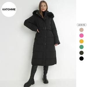 KatchMe Premium Winter Women's Versatile Plush Hooded Belt Decor Thermal Coat(A),Plain Zip-Up Long Sleeve Side Pocket Outerwear Jacket With Matching Belt