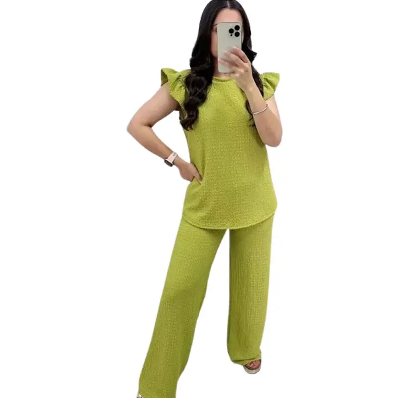 Women's Loungwear Ladies Pop Corn Fabric Frill Sleeve Top Trousers 2Pcs Co Ord UK Size 8-22 Loungewear Pajama Womenswear Nightwear Comfortable Pyjamas 6