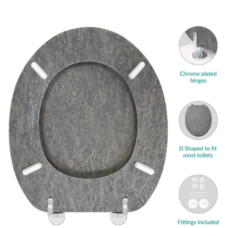 Slate Grey Effect Toilet Seat Strong Chrome Hinges Standard Loo Seat With Fitting 3