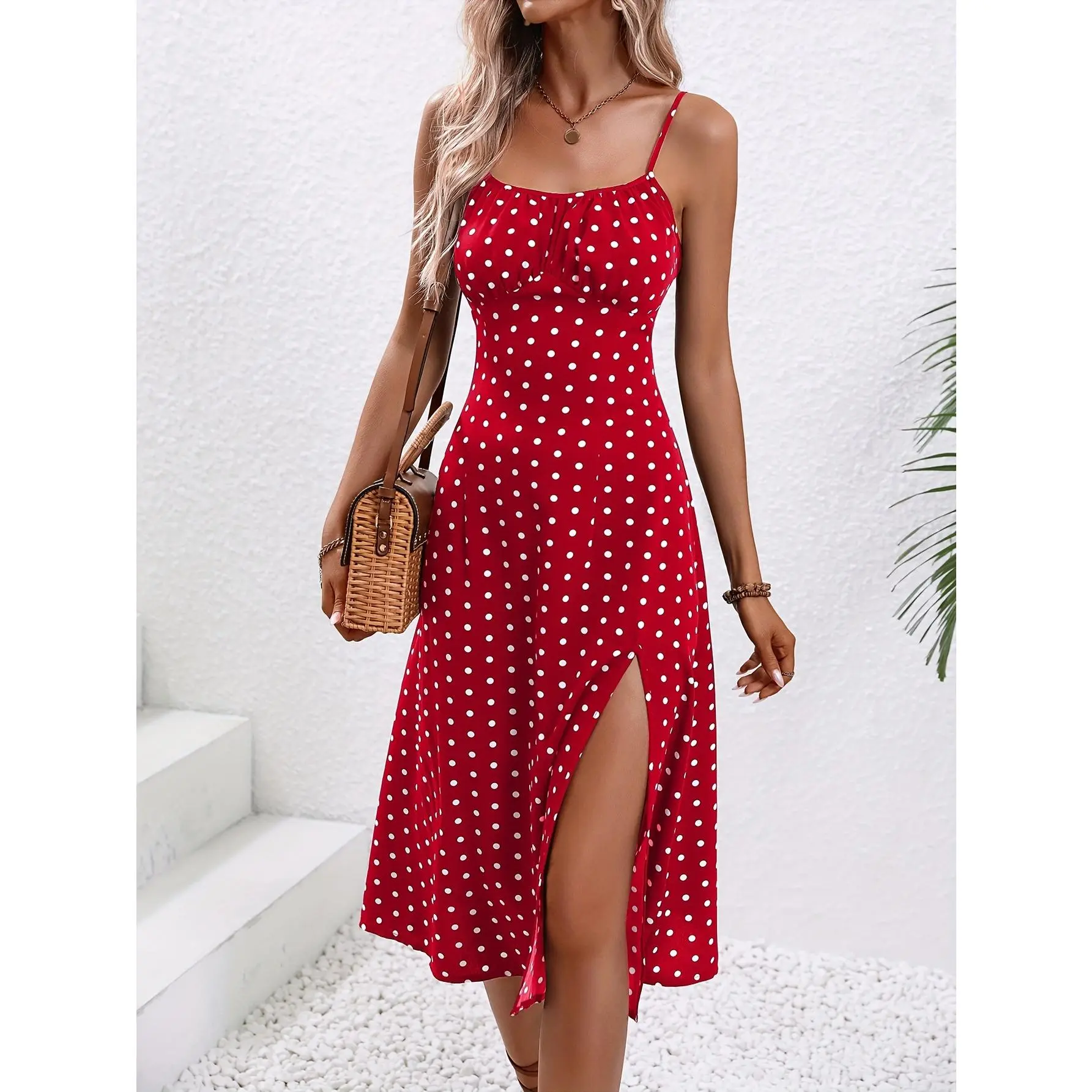 Ditsy Floral Print Split Dress, Elegant Spaghetti Strap Midi Dress, Women's Clothing