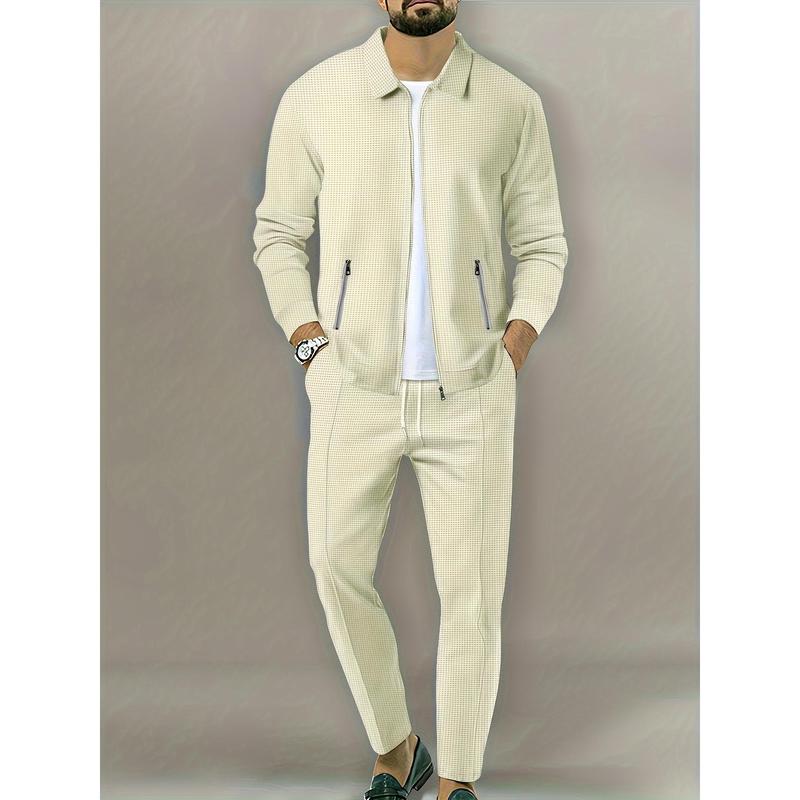 [2-Piece Breathable Comfy Outfit] Men's Casual 2-Piece Outfit, Solid Color Jacket & Drawstring Pants Set, Breathable Comfy Full Zip Jacket & Pants Set 3