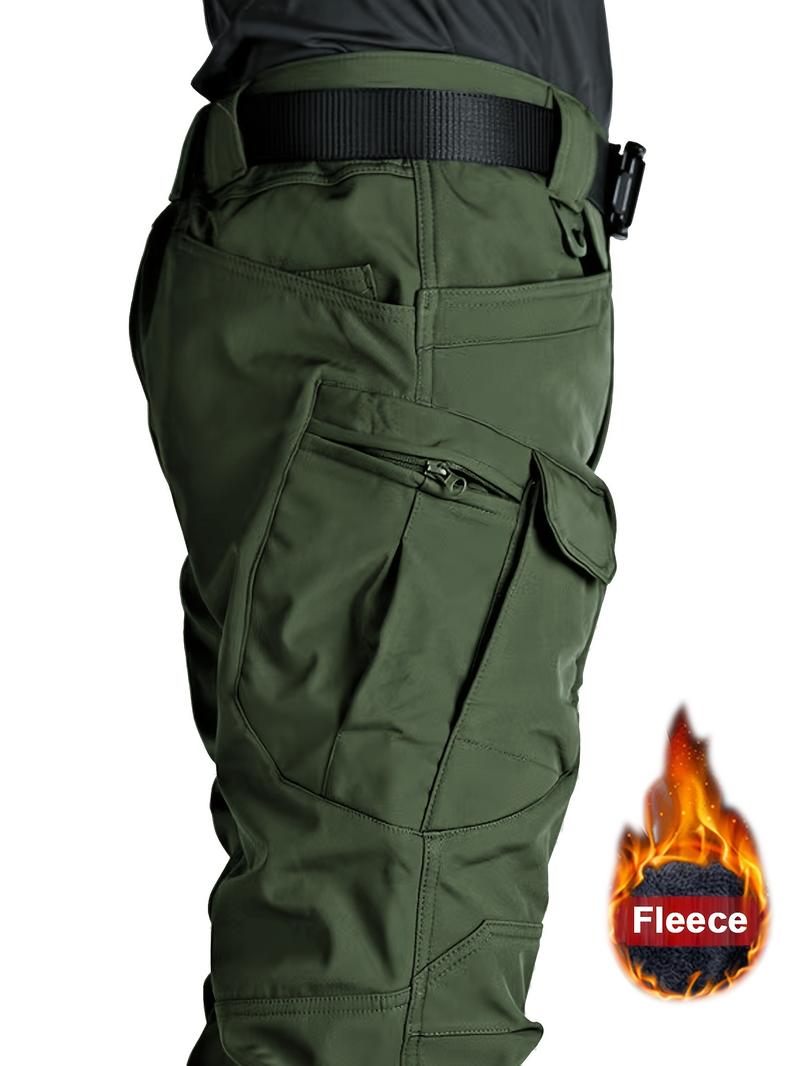 Product Introduction of Men's Solid Color Thermal Cargo Pants, Slightly Stretch Multiple Pockets Design Pants For Winter Outdoor Activities Menswear Trouser Plain Beige 0