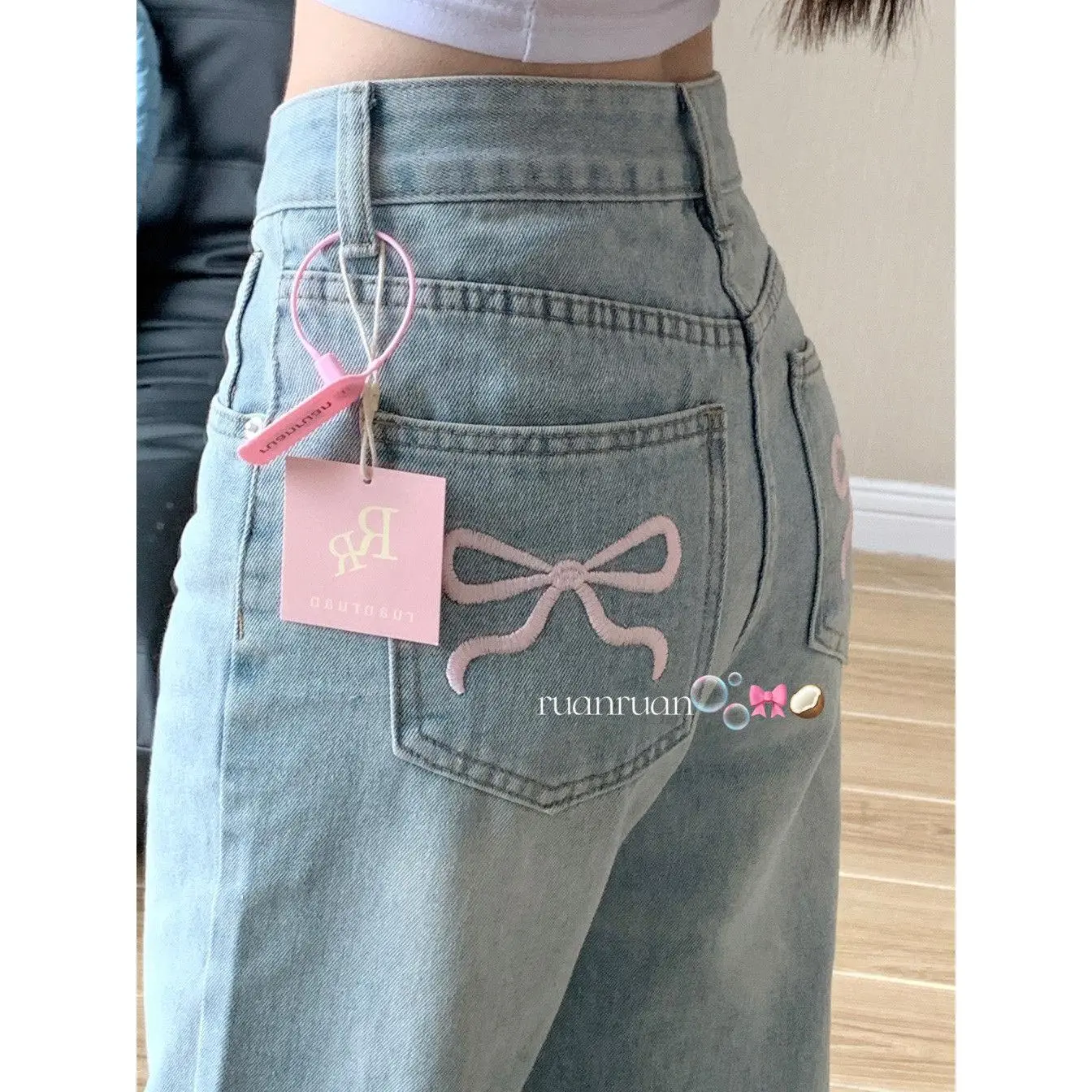 Japan Women High Waist Blue Jeans Bow Embroidery Straight Denim Pants Spring Summer Chic Loose Casual Wide Leg Trousers Womenswear Bottom Comfort Streetwear Pocket Basic Minimalist