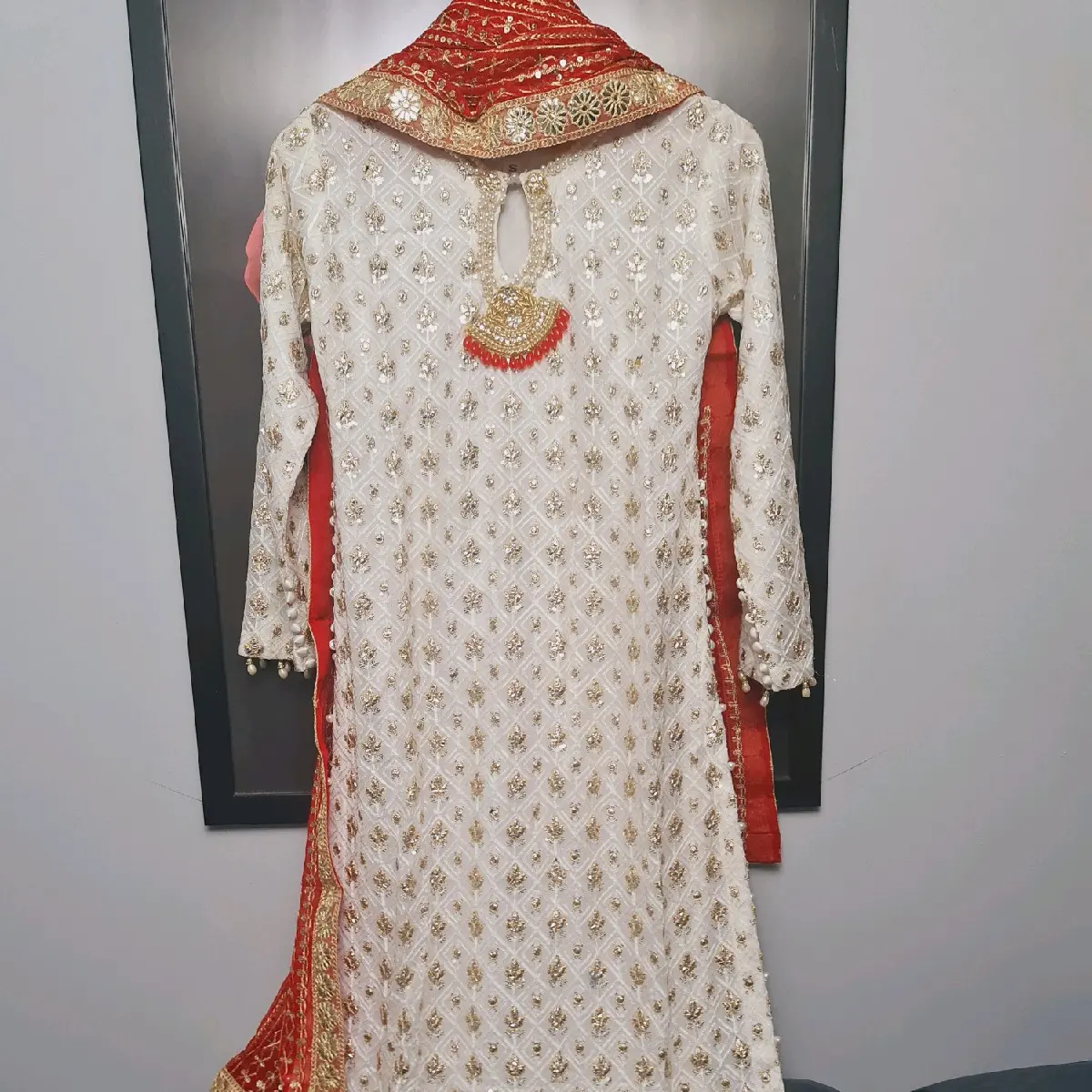 Elegant White Foil Work Suit with Colourful Dupatta and Necklace for Women - Traditional Indian Pakistani Salwar Kameez - Overall