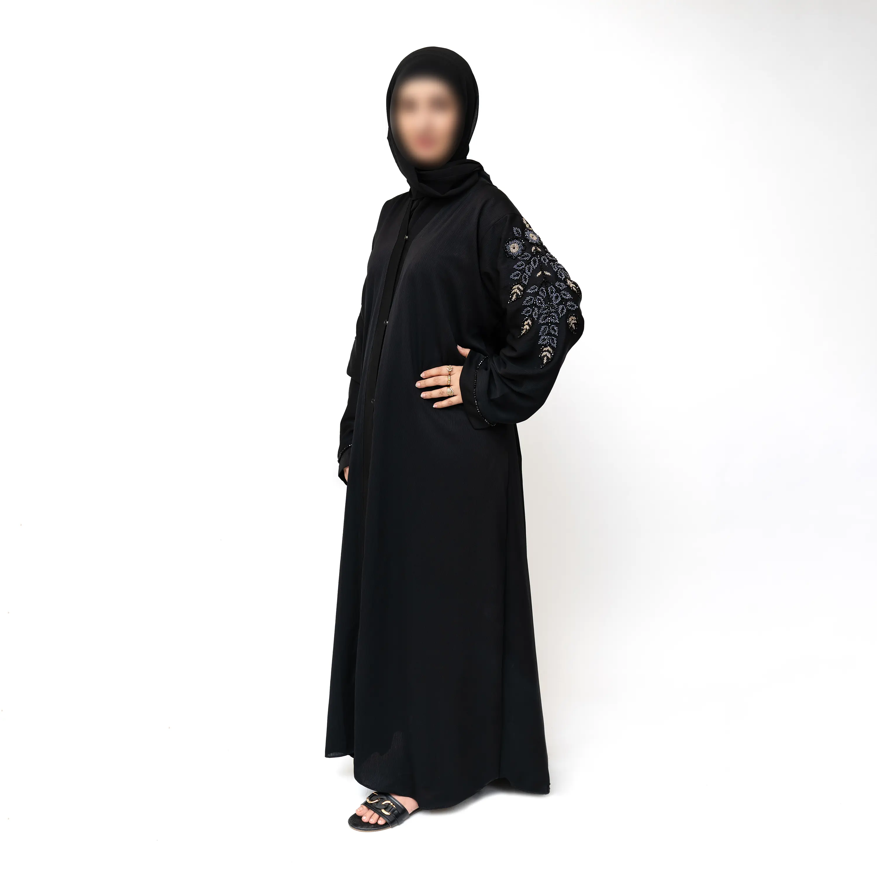 Glamorous Black Luxury Abaya with Luxe Floral Beaded Detailing, Luxury Embellished Sleeves  | Dubai Wedding & Partywear Abaya for Elegant Occasions