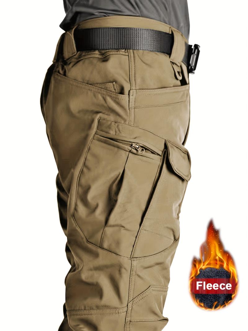 Product Introduction of Men's Solid Color Thermal Cargo Pants, Slightly Stretch Multiple Pockets Design Pants For Winter Outdoor Activities Menswear Trouser Plain Beige 7