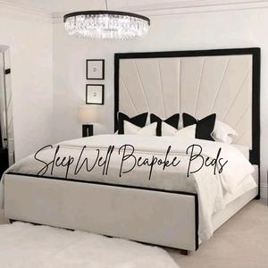 Ayati Luxurious Bed Frame in Cream Plush with Black Border, tall headboard beds- storage option new bed