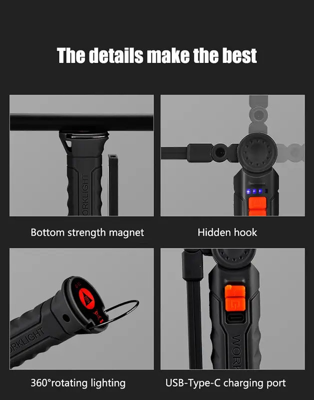 USB Rechargeable COB LED Work Light, 360° Rotatable 4 Modes Portable Light with Magnetic Base, Work Light for Outdoor & Repair Use 7