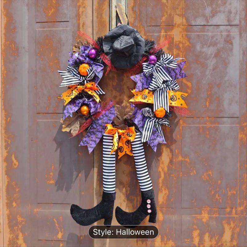 Spooky Halloween Wreath with Creepy Legs Pendant - Artificial Plants Door Decoration Garland for a Haunted Look 3