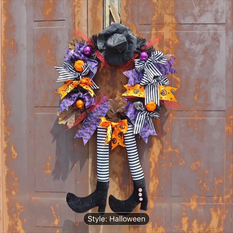 Spooky Halloween Wreath with Creepy Legs Pendant - Artificial Plants Door Decoration Garland for a Haunted Look 3