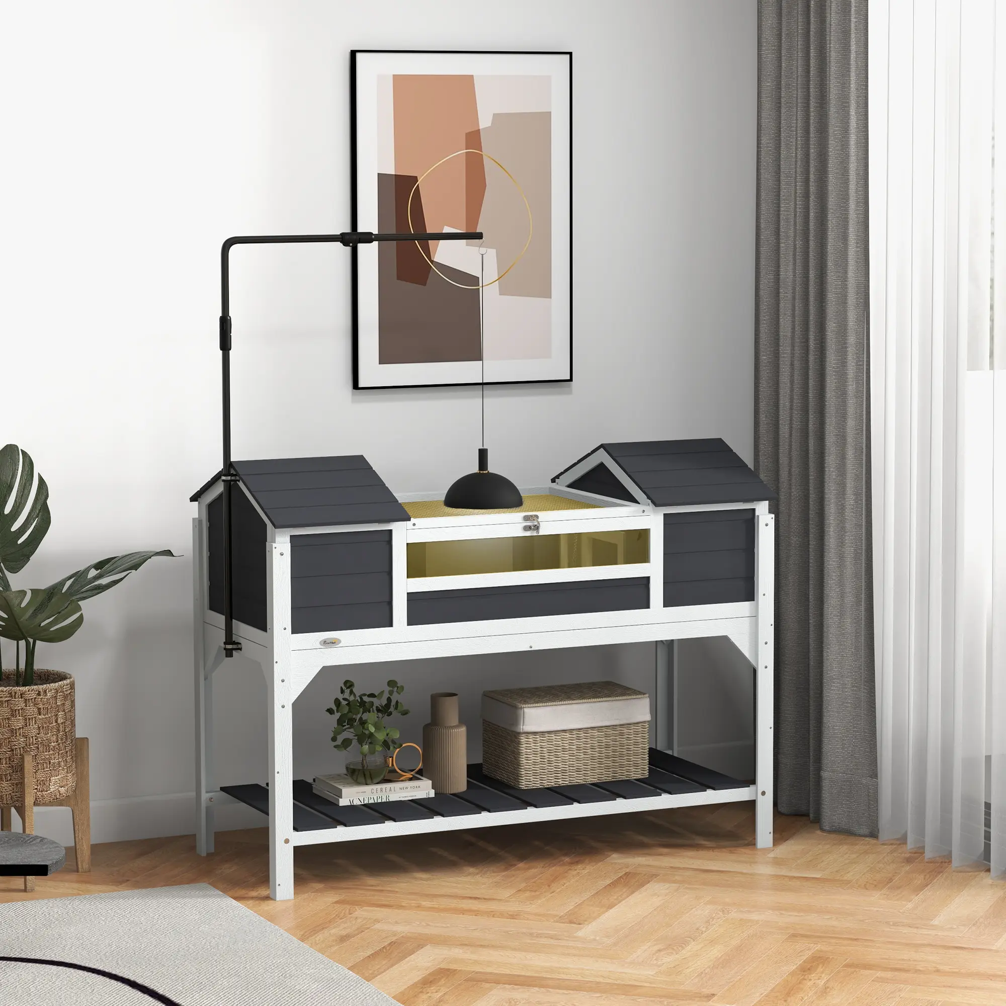 PawHut Tortoise House, Wooden Tortoise Enclosure with Adjustable Lamp Holder, Tortoise Table with Openable Lid, Dual Main Houses, Storage Shelf, Basking Area, Fixed Tray - Grey