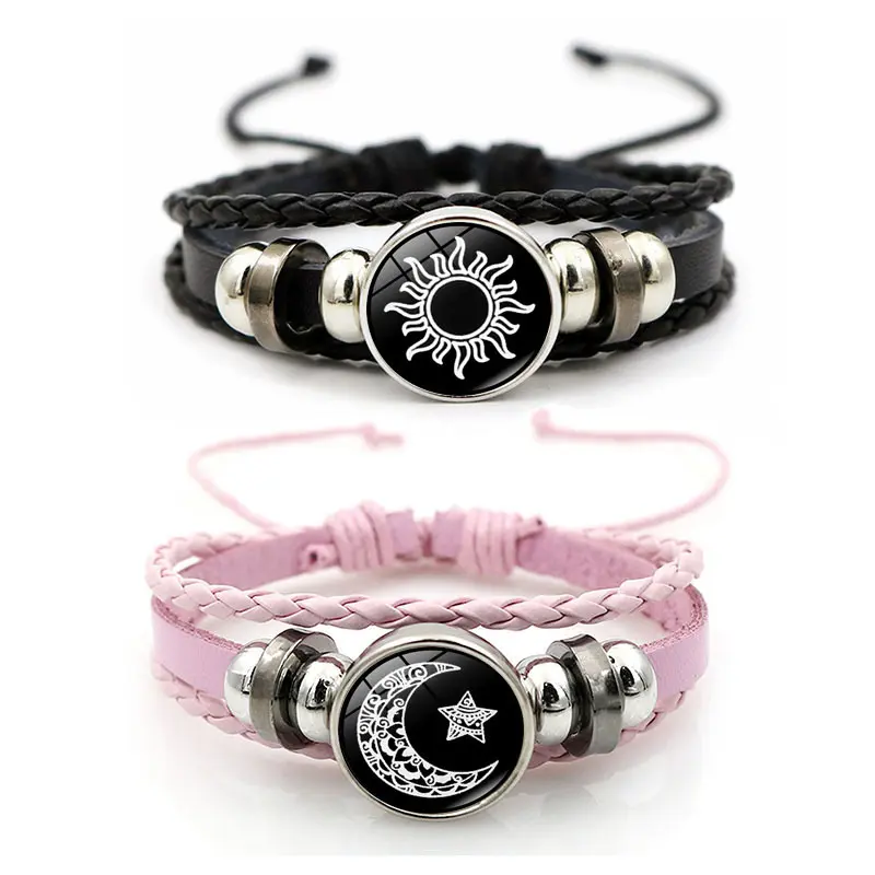 New 2024 Sun and Moon Lovers Leather Bracelet Retro Punk Multi-layer Beaded Woven Bracelet Couple Gift