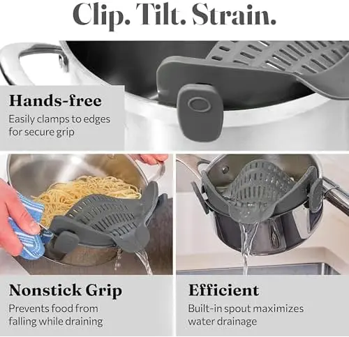MJA Silicone Reusable Pot Strainer - Collapsible, Adjustable, and Space-Saving Kitchen Gadget for Effortless Food Pasta and vegetables Draining, Uncharged and Easy to Clean! Traditional Utensils Drainer Noodle Stainless Colander Washable 4