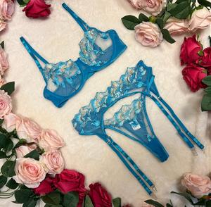 Liliosa Lingerie LIVE Sicily - Elegant Blue 3 Piece High Quality Mesh Sheer Lingerie Set (Clasp Bra+Clasp Garter+Adjustable Pants) Comfortable Everyday Womenswear Fit, Satin Adjustable Spaghetti Straps, Daily Matching Outfit, Sexy Slip Lingerie