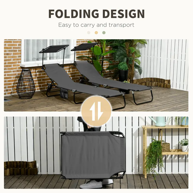 Outsunny 2 Piece Folding Sun Loungers with Canopy, Adjustable Recliner Garden Chairs with Side Pocket, Steel Frame and Breathable Mesh for Outdoor, Pool, Beach, Garden, Dark Grey 5