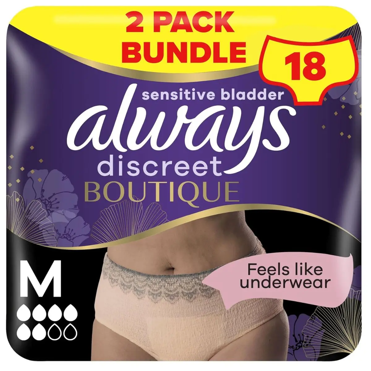 Always Discreet Boutique Incontinence Pants Women, Medium, Plus, 18 High Absorbency Pants (9 x 2 Packs), Odour Neutraliser, Softness and Protection, For Sensitive Bladder Comfort