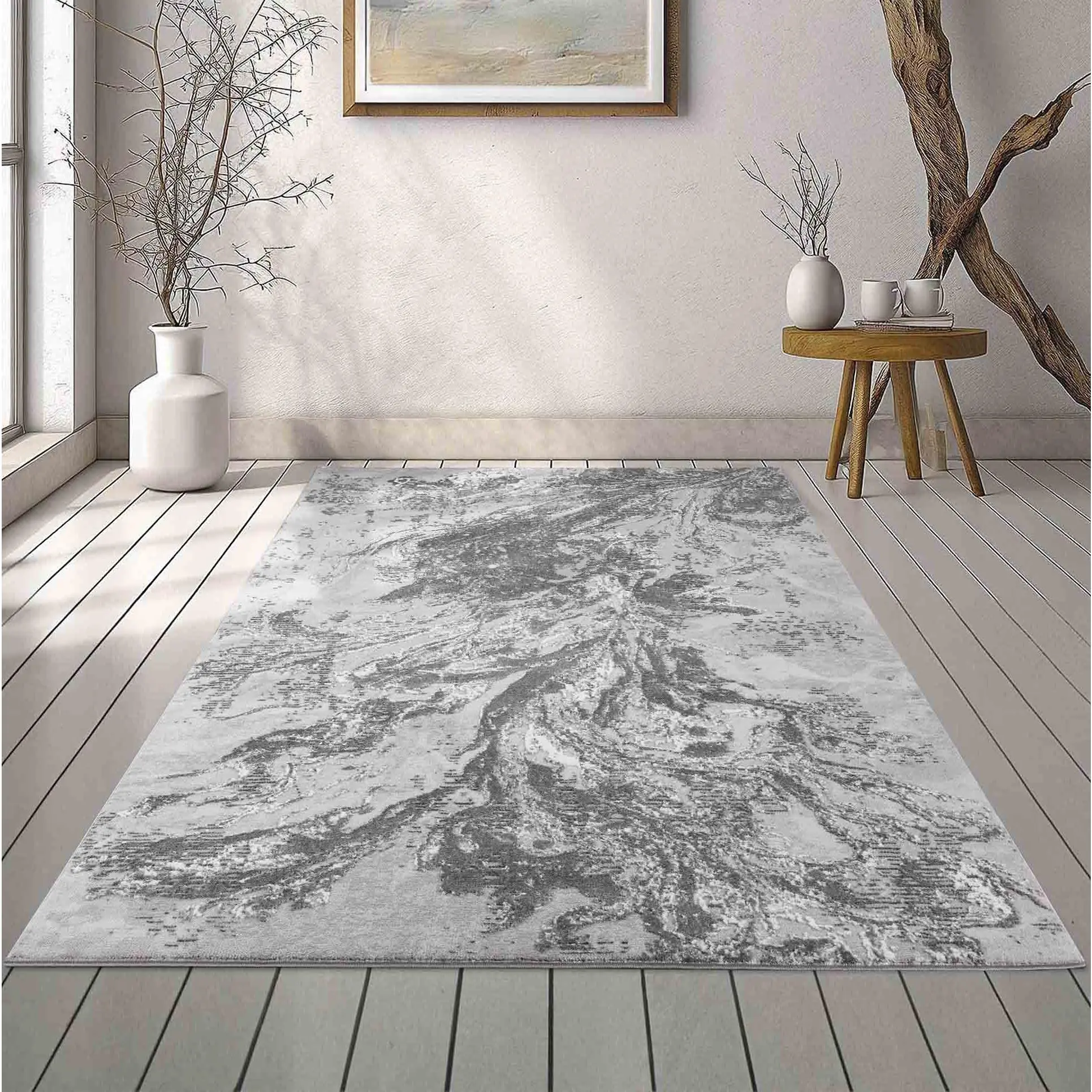 Serenity Abstract Waterflow Rug - Grey