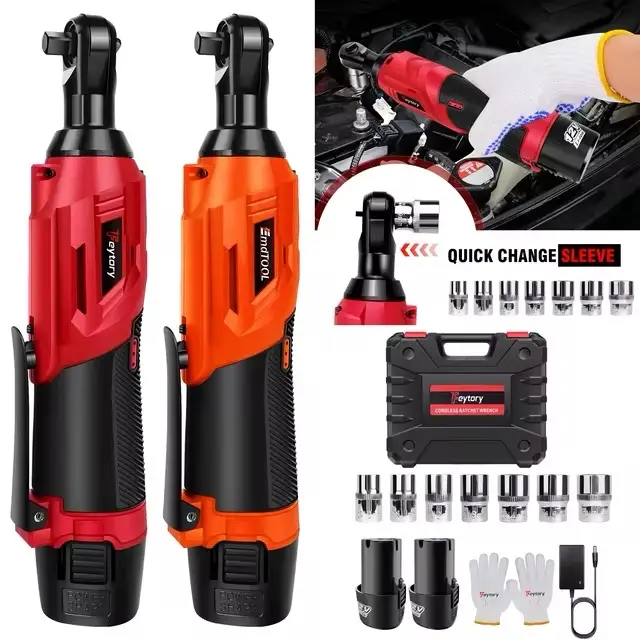 DayPlus 200NM 3/8" Cordless Electric Ratchet Wrench,90° Angle Wrench 12V Power Ratchet Tool with 2 Batteries & Charger+7 Sockets Dewalt electric wrench+ electric tool+ wrench+ spanner+ Milwaukee