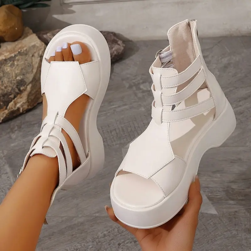 Women's Ankle Strap Buckle Sandals, Platform Soft Sole Side Zipper Walking Shoes, Comfort High-top Vacation Boots