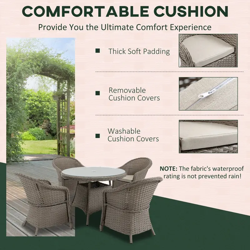 5 Pieces Outdoor Patio PE Rattan Dining Set, Four Seater Garden Furniture - 4 Chairs & Round Table w/ Umbrella Hole, Mixed Grey 6