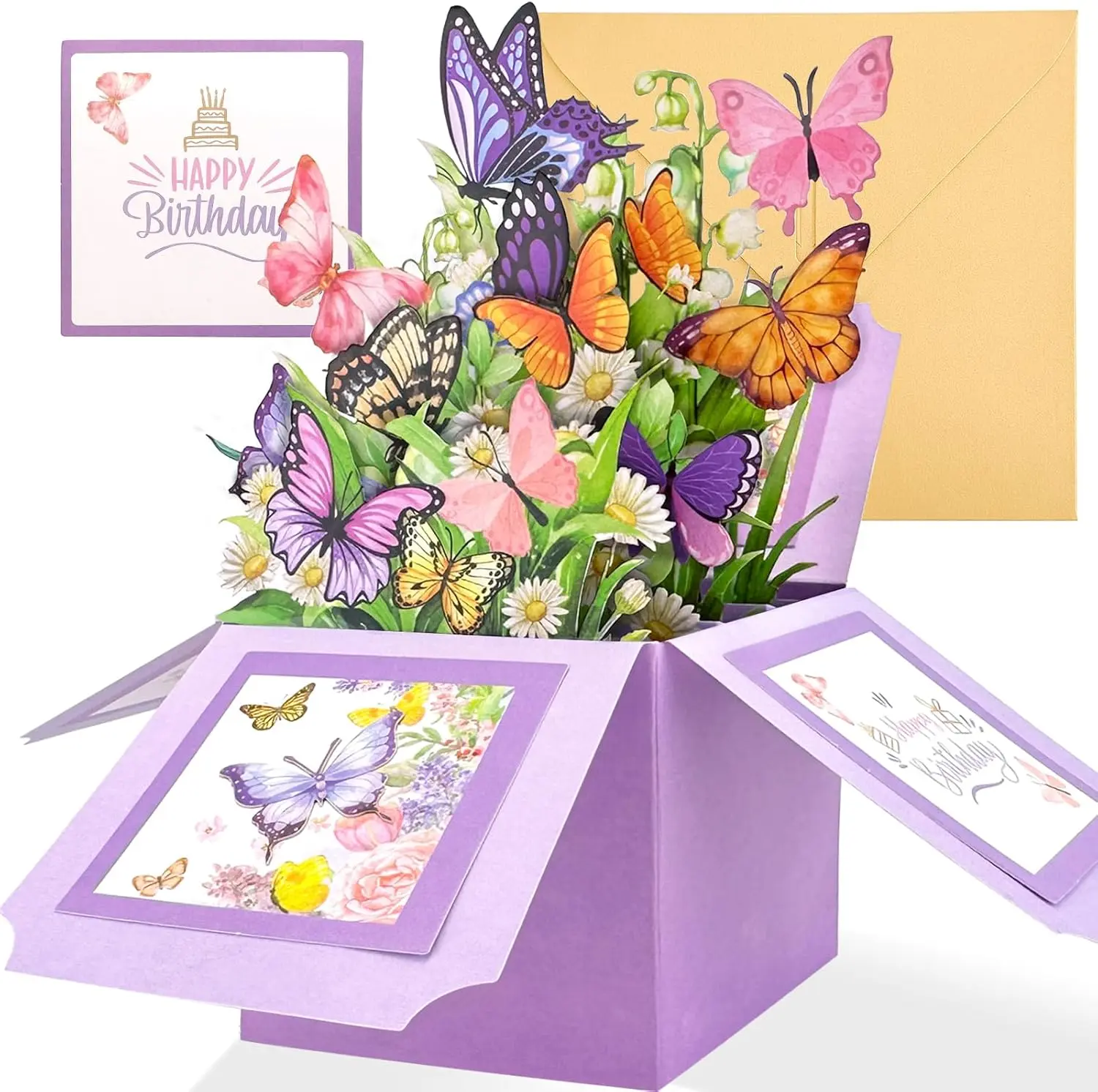 Butterfly Flower Pop Up Birthday Cards, 3D Birthday Cards Box for Women, Pop-up Birthday Gift Box with Envelope and Blank Greeting Cards, Personalised Birthday Cards for Daughter Wife Husband