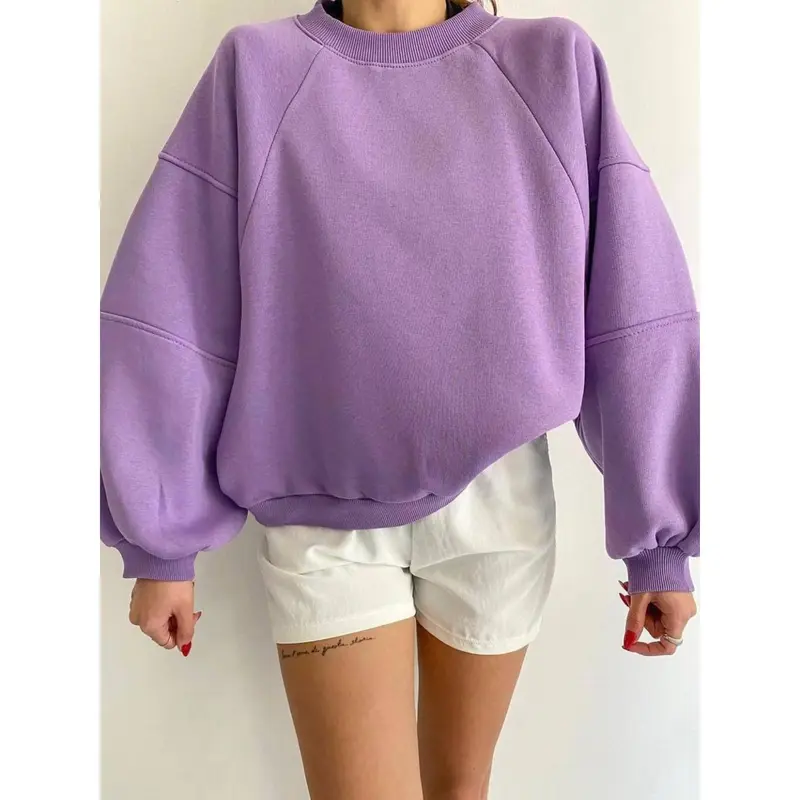 Women's Casual Pullover Hoodie, Autumn/Winter Solid Color Long Sleeve Round Neck Spliced Sweatshirt, Home Loungewear Top 3