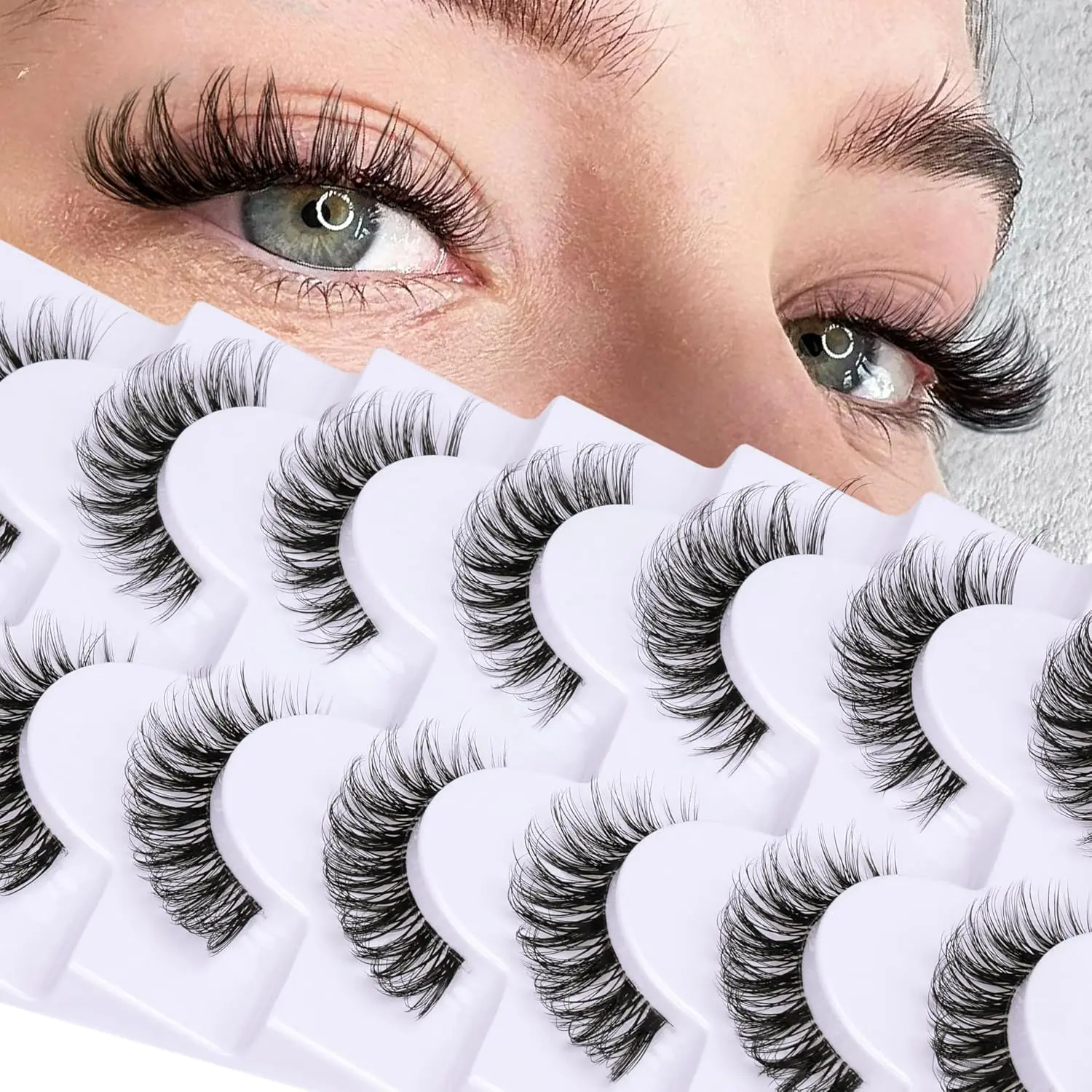 False Eyelashes Natural Look Eye Lashes Wispy CC Curl Russian Eyelashes 14mm Clear Band Strip Lashes That Look Like Extensions Cat Eye Lashes Pack 7 Pairs by Goddvenus Makeup Cosmetic
