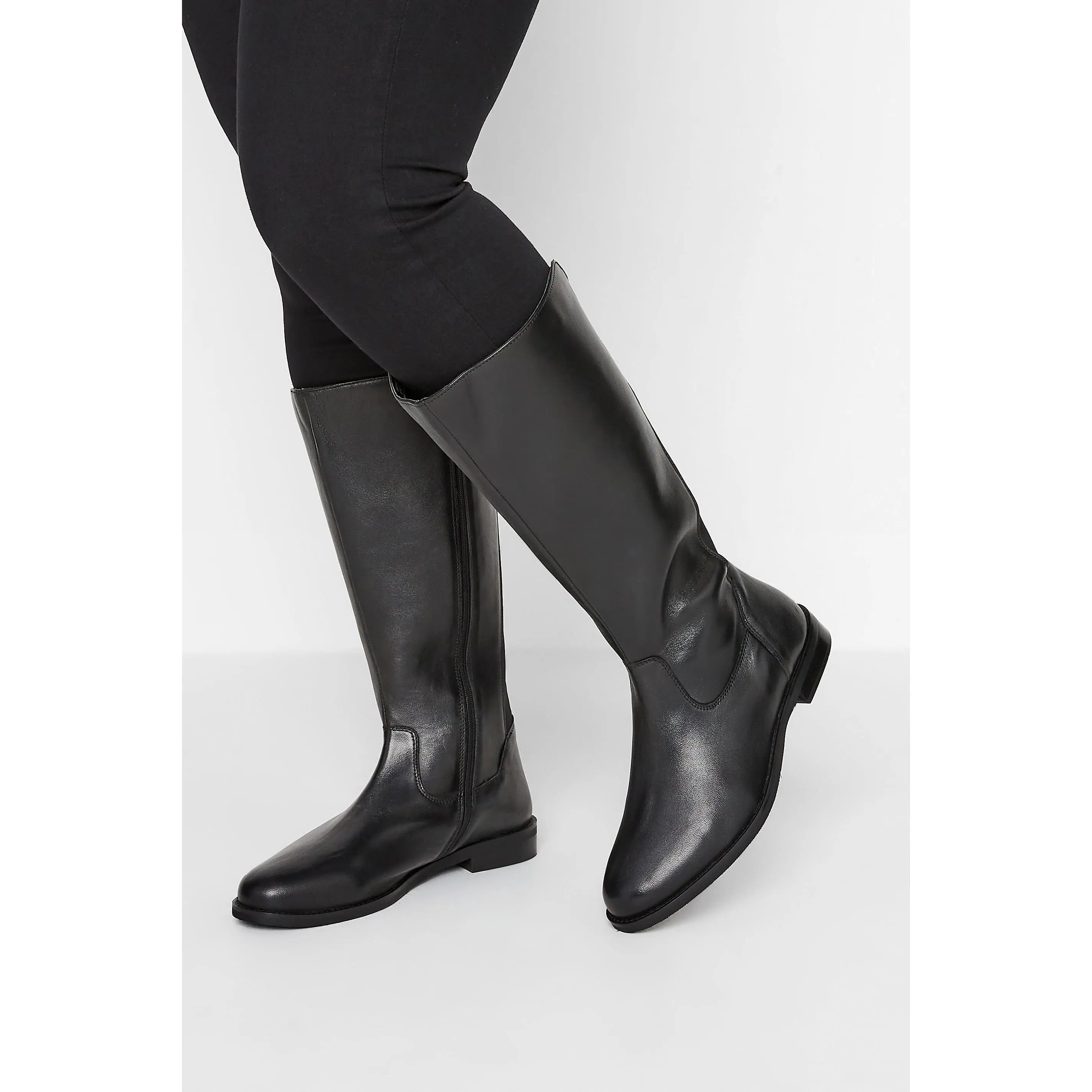 Black Elasticated Knee High Leather Boots In Wide E Fit & Extra Wide EEE Fit