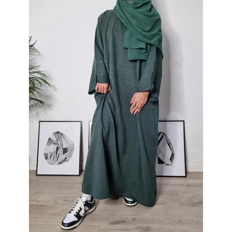 Premium Linen Pocket Abaya with Scarf - Black, Beige, Green, Camel and Grey, Olive abayas 2