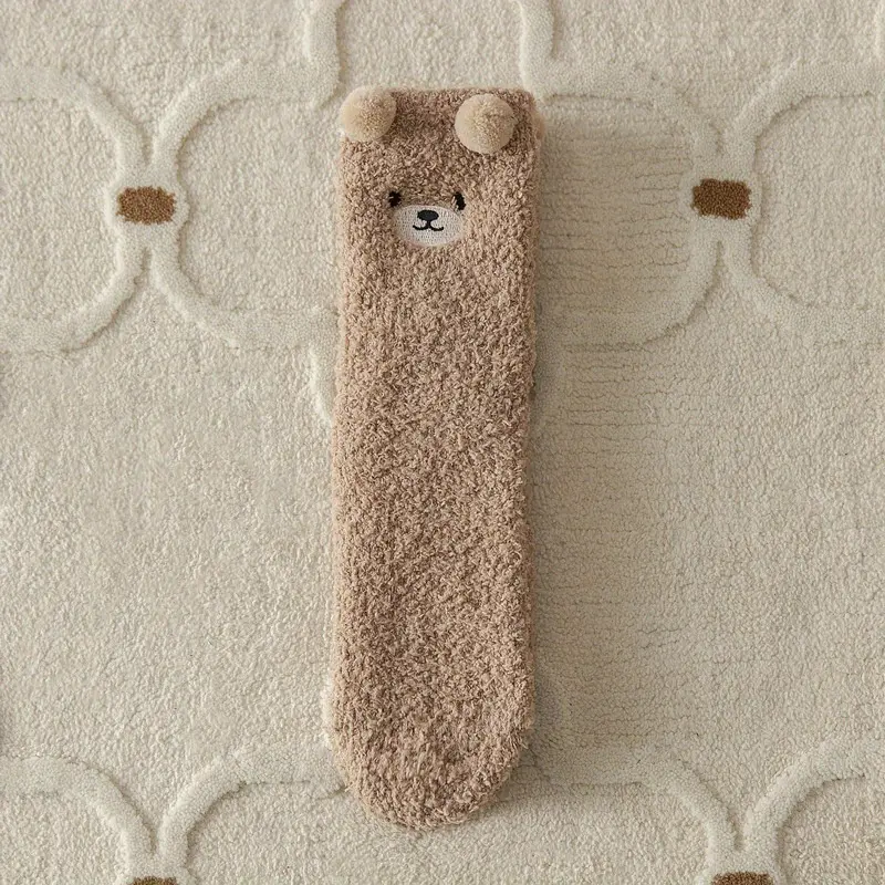 1/3/6 Pairs 3D Cute Bear Socks, Warm Coral Fleece Floor Slipper Socks For Fall & Winer, Women's Stockings & Hosiery 2