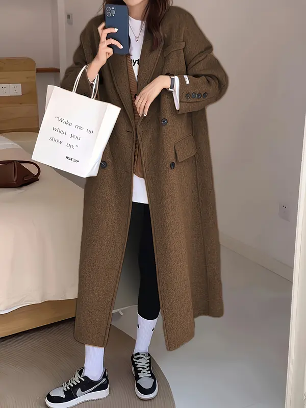 Elegant Double-Breasted Long Sleeve Mid-Length Overcoat - Wool & Blends Outerwear for Fall & Winter - Women's Stylish Lapel Collar Coat for Cold Weather 7