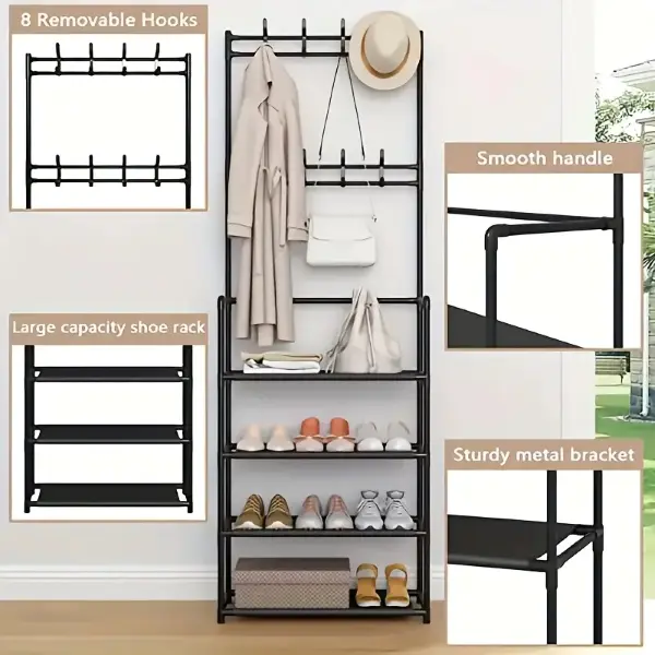 FROM UK -5Layer Metal Storage Rack having 8 Safe Hooks Large Capacity Organizers for Clothes, Shoes, Hats, Bags, Umbrellas. For Bedroom Hallway Entryway Living Room Bathroom Storage Shelf. Free Standing Space-Saver. Home Gift Idea stand 5