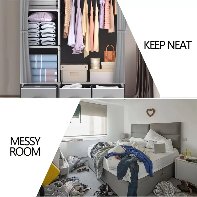 A Set Stylish Grey Canvas Wardrobe With 3 Storage Bins - Easy Assembly Durable & Spacious Closet Organizer For Home Bedroom Folding Clothes Storage Solution Portable Closets 5