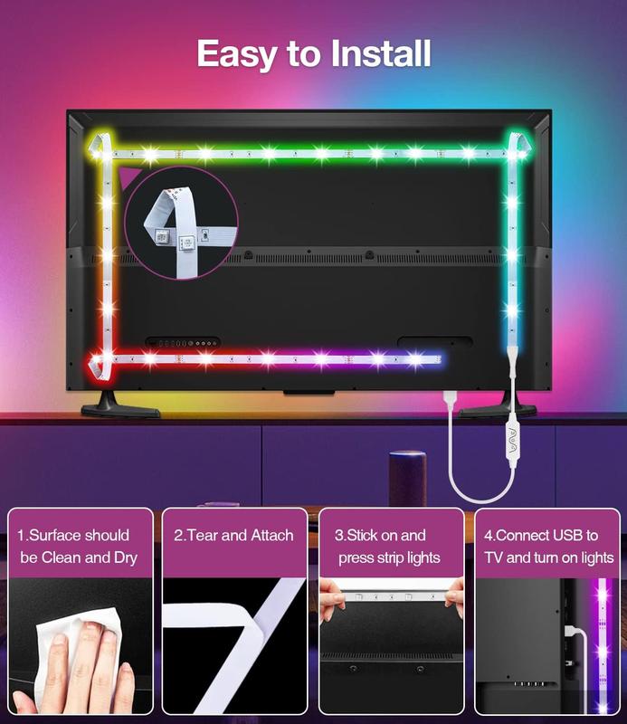 TV Led Lights, 4M TV Led Backlight Led Lights USB Powered RGB TV Led Light Strip for 32-55 inch TV/Monitor Behind Lighting, Led TV Lights with Remote, Music Sync Bluetooth APP Control 3