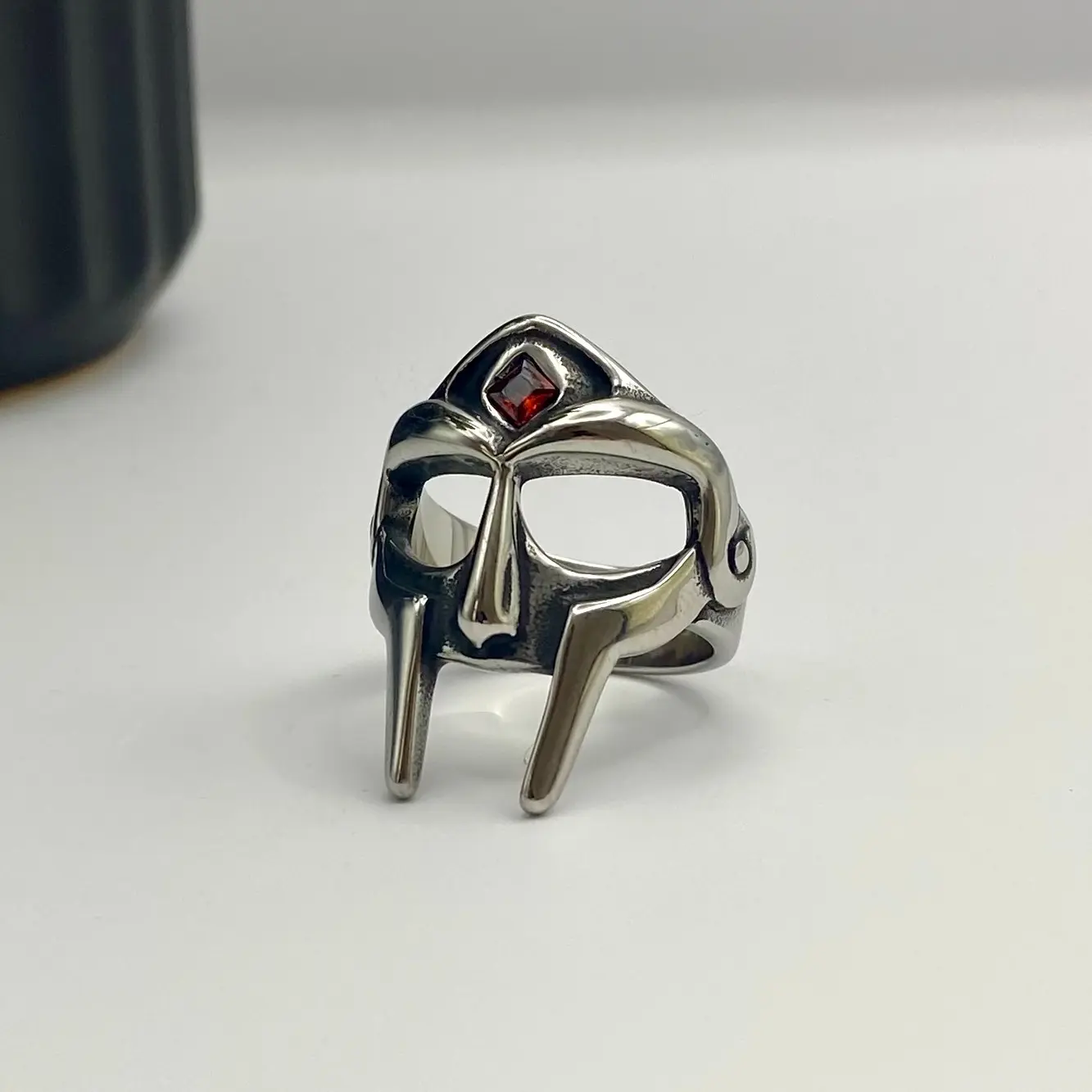 Silver MF DOOM Ring - Red Gem MFDOOM Ring in Stainless Steel- mfdoom cosplay - Villain Mask gladiator ring - rapper ring - MF DOOM Ring - Steel DR Doom Ring - Villain Mask Ring for men - mens silver gladiator ring - rapper ring - kanye west - Rap Snitches