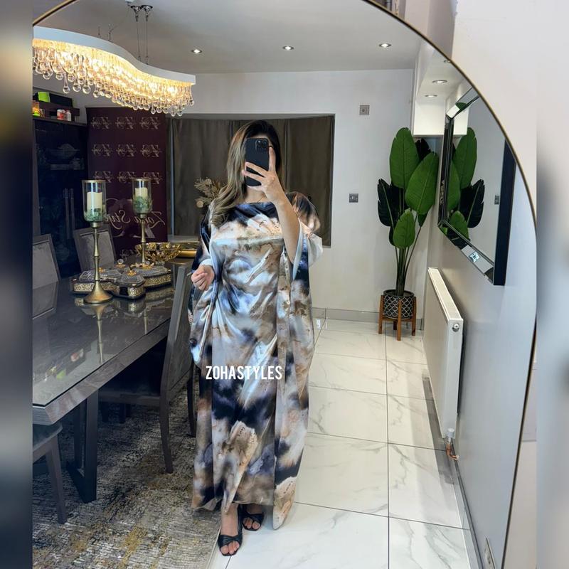 Women's Ladies Satin Marble Print Tie Kaftan Abaya Dress Modesty 2