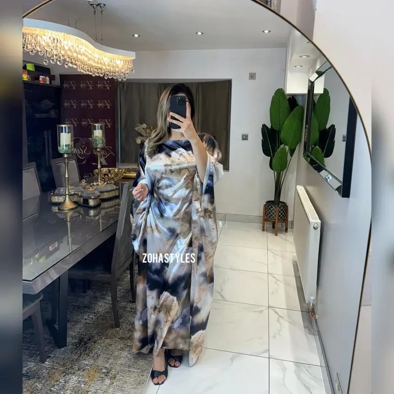 Women's Ladies Satin Marble Print Tie Kaftan Abaya Dress Modesty 2
