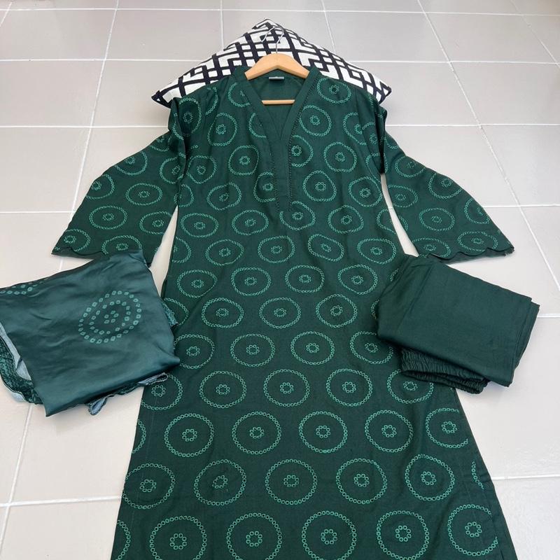 3 pc dhanak fabric Chickenkari long shirt suit with dupatta , organza detailing on daman and sleeves Womenswear 3