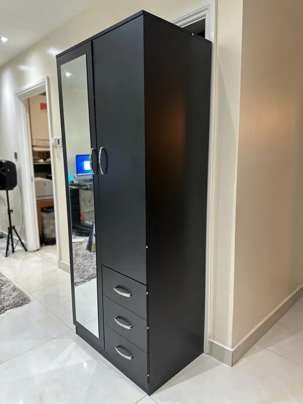PALAKLOT 2 Door 3 Drawer Full-length Mirror Wardrobe | Modular Cabinet for Space Saving | Ideal Storage Organizer (Black) 5